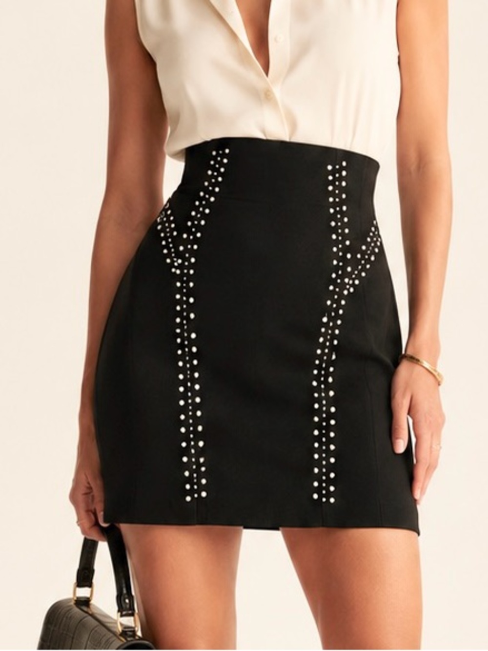 Rinascimento Office Siren Pearl Stud High Waist Mini Skirt Black Sz M - Picture 10 of 10